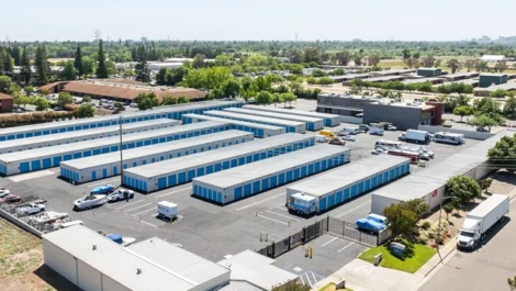 Aerial view Arden Arcade Storage Units in Sacramento, CA. Outdoor storage, parking storage options. Blue doors.