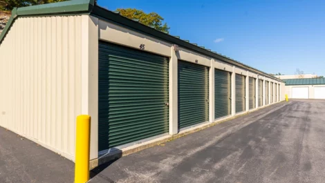 Self Storage in Falmouth, ME, drive up storage with green doors