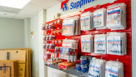 wall of supplies for packing, moving and storage at Devon Self Storage in Highlands, Jacksonville, FL
