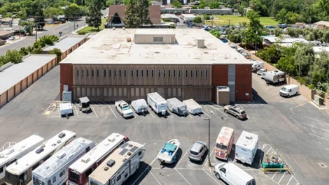 RV storage, boat storage and vehicle storage, parking lot view at Devon Self Storage - Marconi in Sacramento, California