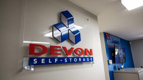 Devon Self Storage logo on a wall at Devon Self Storage in Port St. Lucie.