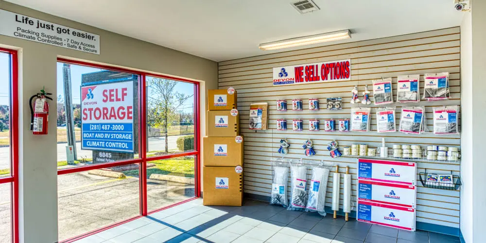 Front door and packing supplies at Devon Self Storage in Pasadena, Texas