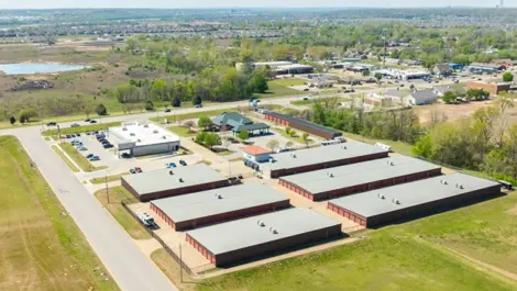 Drone view of storage facility in Bixby, OK at Devon Self Storage - Bixby