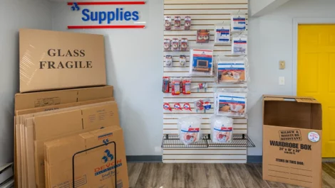 Storage units supplies on the wall at Devon Self Storage - Lambeth Park in Fairhaven, MA. Moving, packing supplies.