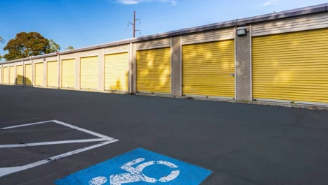 Devon Self Storage - Lambeth Park in Fairhaven, MA. Drive up storage units. Medium, large size units with yellow doors.