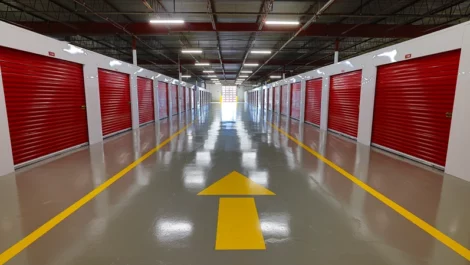 Arrow pointing the direction of driving. Wide lanes for drive thru storage Devon Self Storage - Allentown