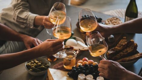 Couple of friends sitting around a dinner table having a toast with wine glasses.