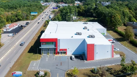 Devon Self Storage Foxhill in Walpole, MA, drone view of drive thru storage option
