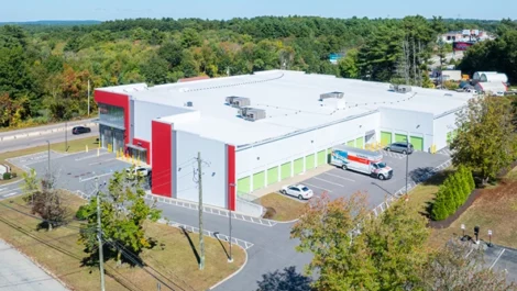Exterior view of Devon Self Storage Foxhill in Walpole, MA. Drive up access. Drive thru storage options.