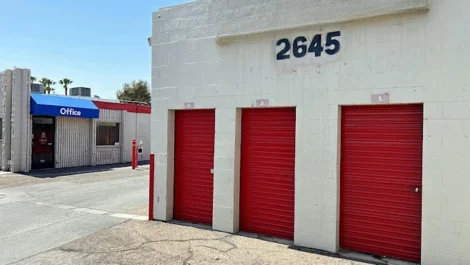 Small storage units, outdoor, red doors at Self Storage Units in Las Vegas, NV, Storage Units