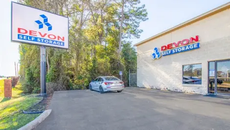 Exterior entrance to Devon Self Storage in Pinehurst, TX