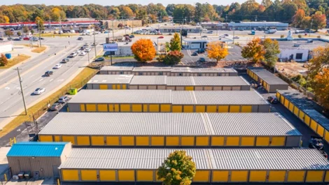 Exterior, drone view of drive up access storage in Greensboro, NC, at Devon Self Storage - Hilltop Road