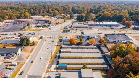 Aerial view of outdoor storage units in Greensboro, NC, at Devon Self Storage - Hilltop Road