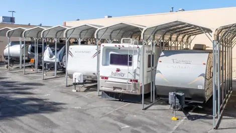 Covered RV and Trailer parking at Devon Self Storage - Lawrenceville in Lawrenceville, GA
