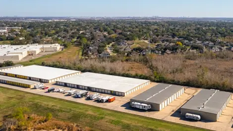 Aerial view parking storage for RV storage in Pasadena, Texas, at Devon Self Storage Fairway Plaza
