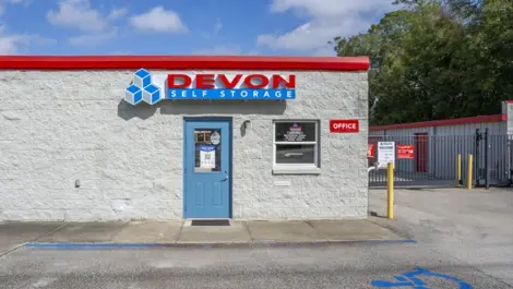 Office area and gated entrance to self storage Lake Mary, FL
