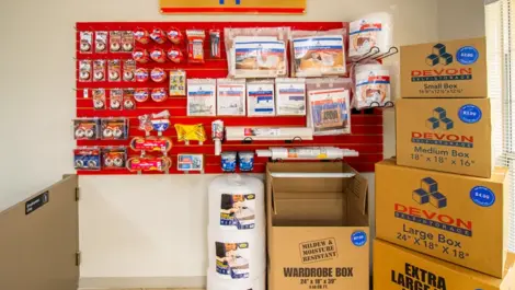 Wall of supplies for storage, packing or moving supplies in Pasadena, Texas, at Devon Self Storage Fairway Plaza