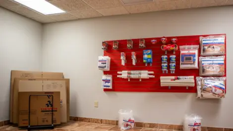 Wall of storage supplies, moving & packing supplies at Devon Self Storage 5961 Interstate in Jackson, MS