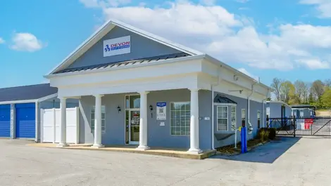 Exterior view of front entrance to storage facility in Hendersonville, TN, at Devon Self Storage - Shackle Island