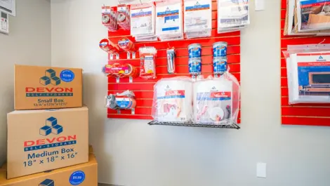 Wall of storage supplies Devon Self Storage - Duluth