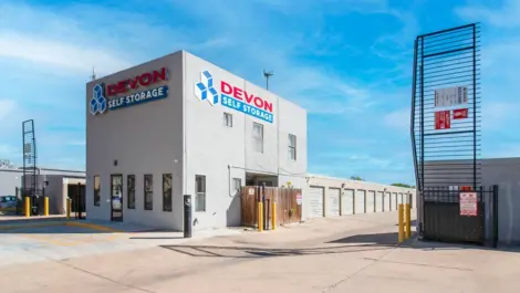 Secure, gated entrance with gate open to Devon Self Storage - Loop 410 in San Antonio, TX