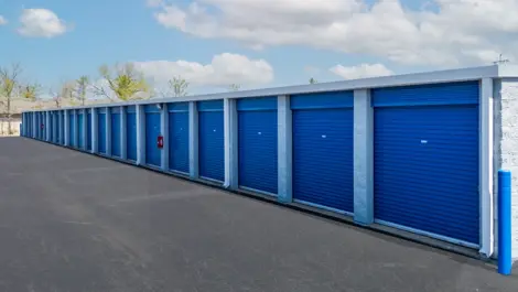 Medium size storage units with blue doors in Hendersonville, TN, at Devon Self Storage - Shackle Island