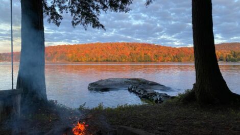 A charming campsite in the autumn forests of New York.