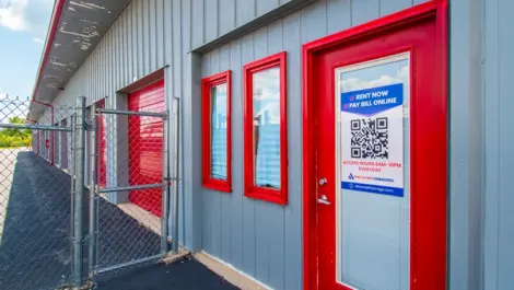 Devon Self Storage - Frankfort, street view of gated storage, outdoor storage units