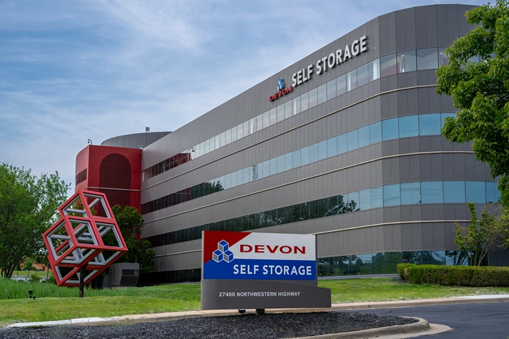 Exterior view of Southfield Michigan Self Storage facility with drive-up access units