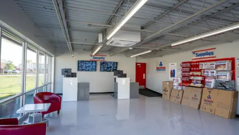 Devon Self Storage in Fraser Michigan interior facility, office area with storage merchandise