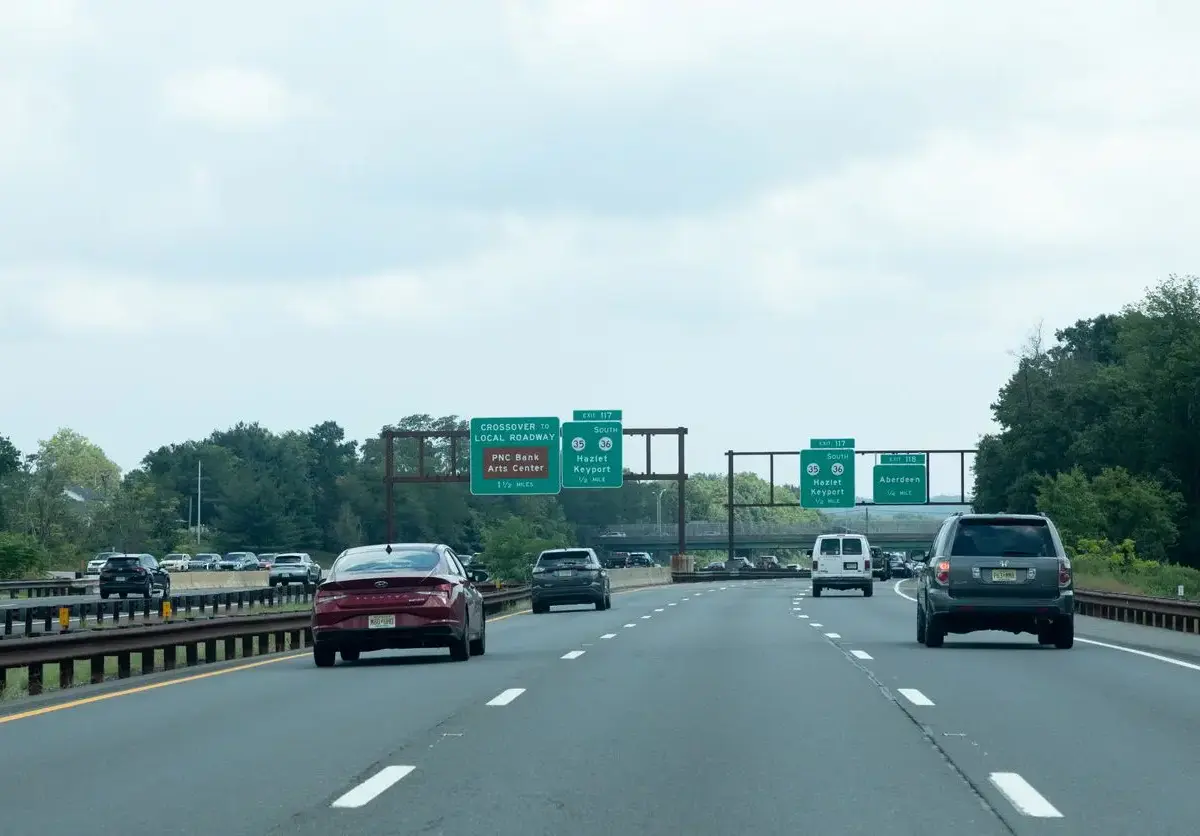 A group of cars on the Garden State Parkway near Hazlet, NJ.