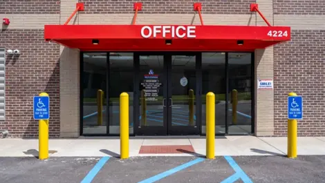 Front office door view of Devon Self Storage facility.