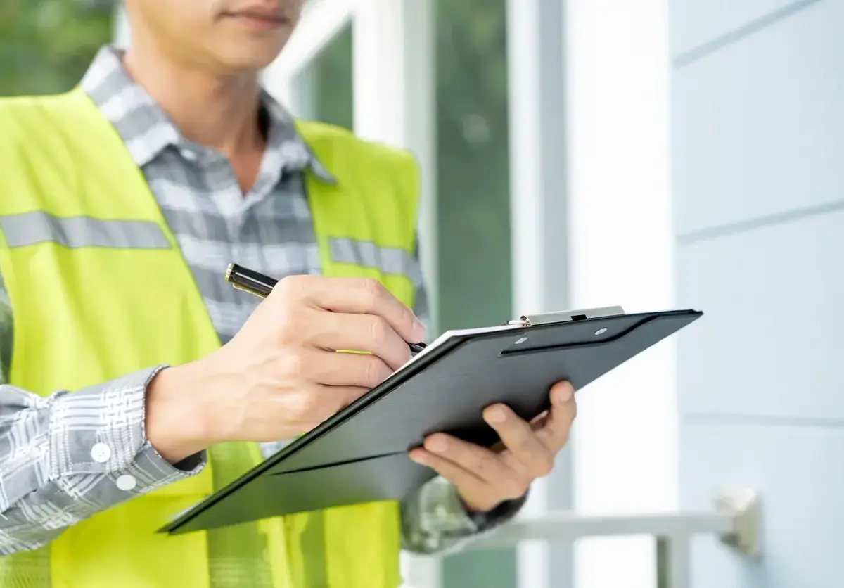 An appraiser surveys a property with a clipboard in hand.