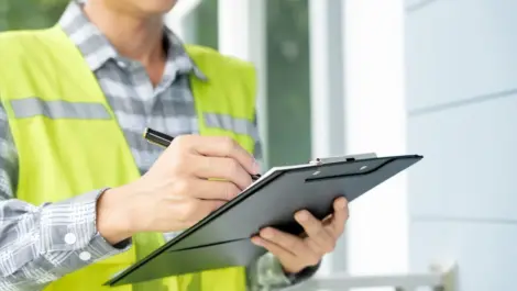An appraiser surveys a property with a clipboard in hand.