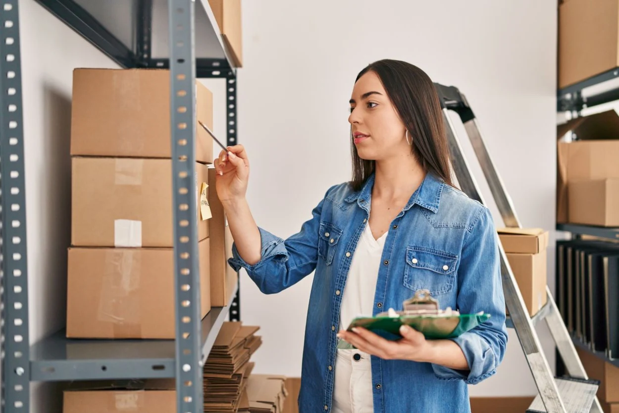 A young woman checking inventory and writing on a clipboard.