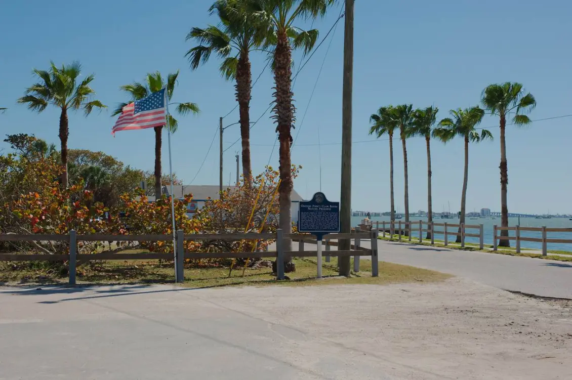 A flagpole with a flag flows in the wind beside palm trees outside of Boca Ciega Bay in Gulfport, FL.