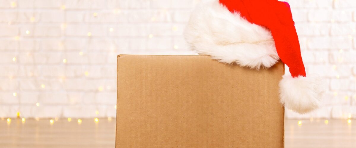 A cardboard box with a Santa hat on top sits on a wooden floor against a white brick wall, with a string of lights.