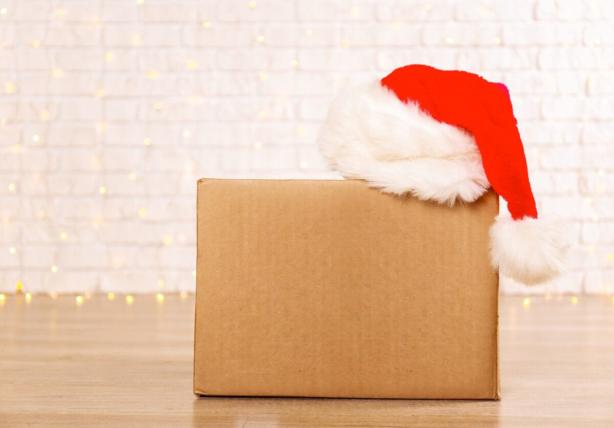 A cardboard box with a Santa hat on top sits on a wooden floor against a white brick wall, with a string of lights.