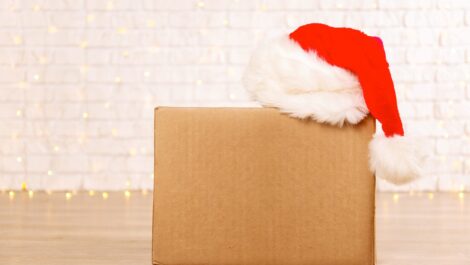 A cardboard box with a Santa hat on top sits on a wooden floor against a white brick wall, with a string of lights.
