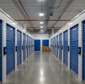 Hallway of indoor storage units.